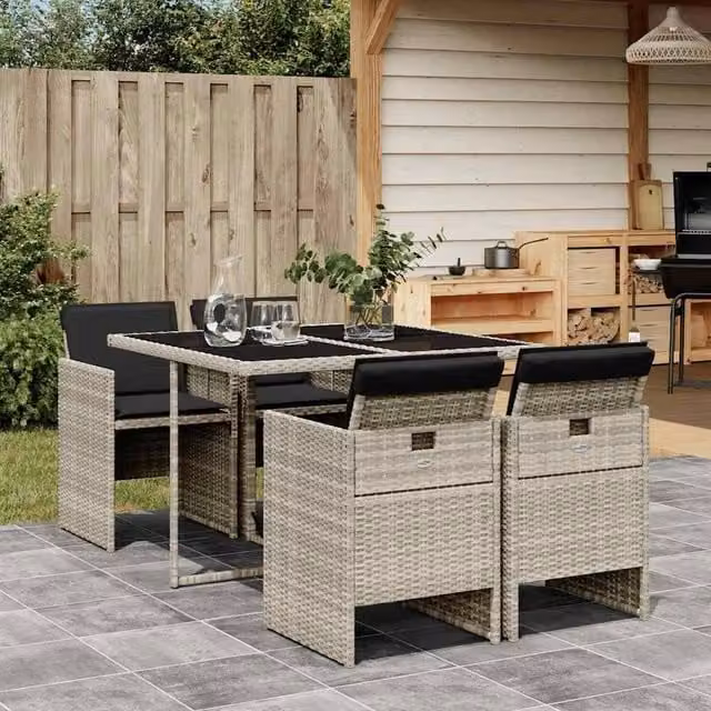 Berkfield Home 5 Piece Light Grey Poly Rattan Garden Dining Set with Cushions