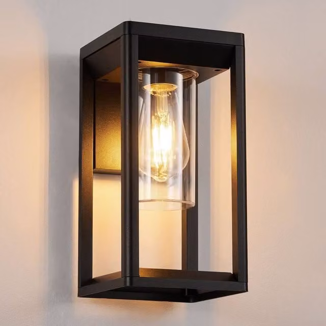 Harper Living LED Outdoor Wall Lantern in Black with Transparent Glass Shade