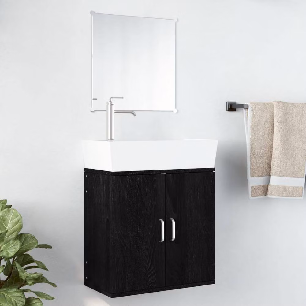 Berkfield Home Modern 2 Piece Black Matt MDF Bathroom Furniture Set with Vanity Unit and Mirror Cabinet – 2