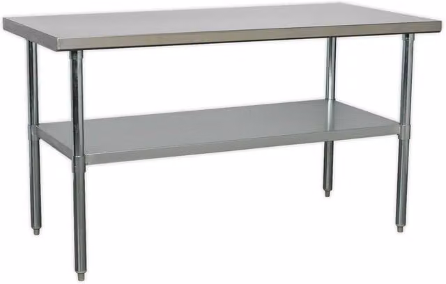 Loops Stainless Steel Work Bench and Adjustable Storage Shelf in Silver, W/D/H: 150 x 76 x 89 cm