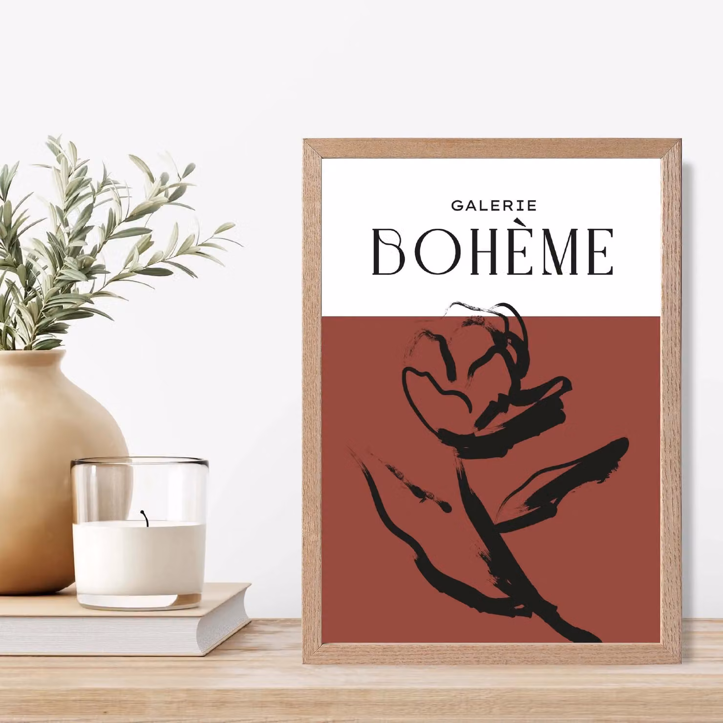 ARTZE Red Rose Boho Sketch Floral Framed Print with Oak Wood Frame, A3 – 2