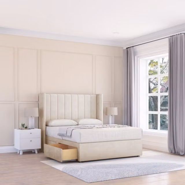Sloomy Falcon Plush Wingback Bed Set with 2 Drawers and Floor Standing Headboard in Beige, W/D/H: 140 x 200 cm