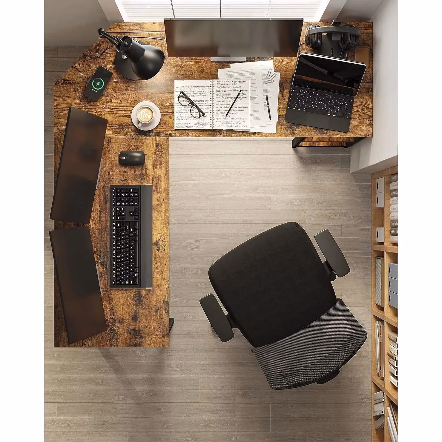 VASAGLE L-Shaped Corner Gaming Desk with 2 Storage Shelves in Brown – 3