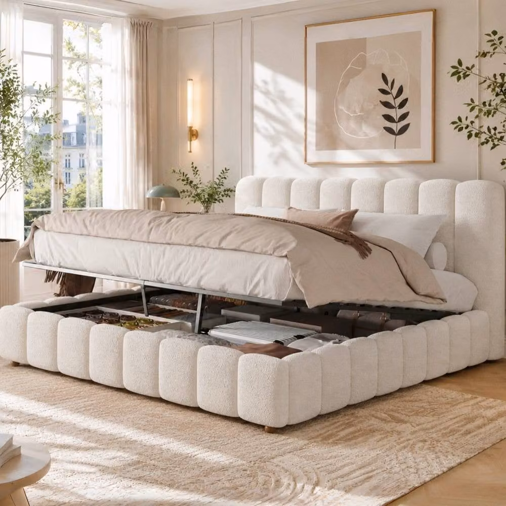 Matteo Super King Size Hydraulic Storage Bed in White Bouclé Upholstered Frame, W/D/H: 180 x 200 cm – 2