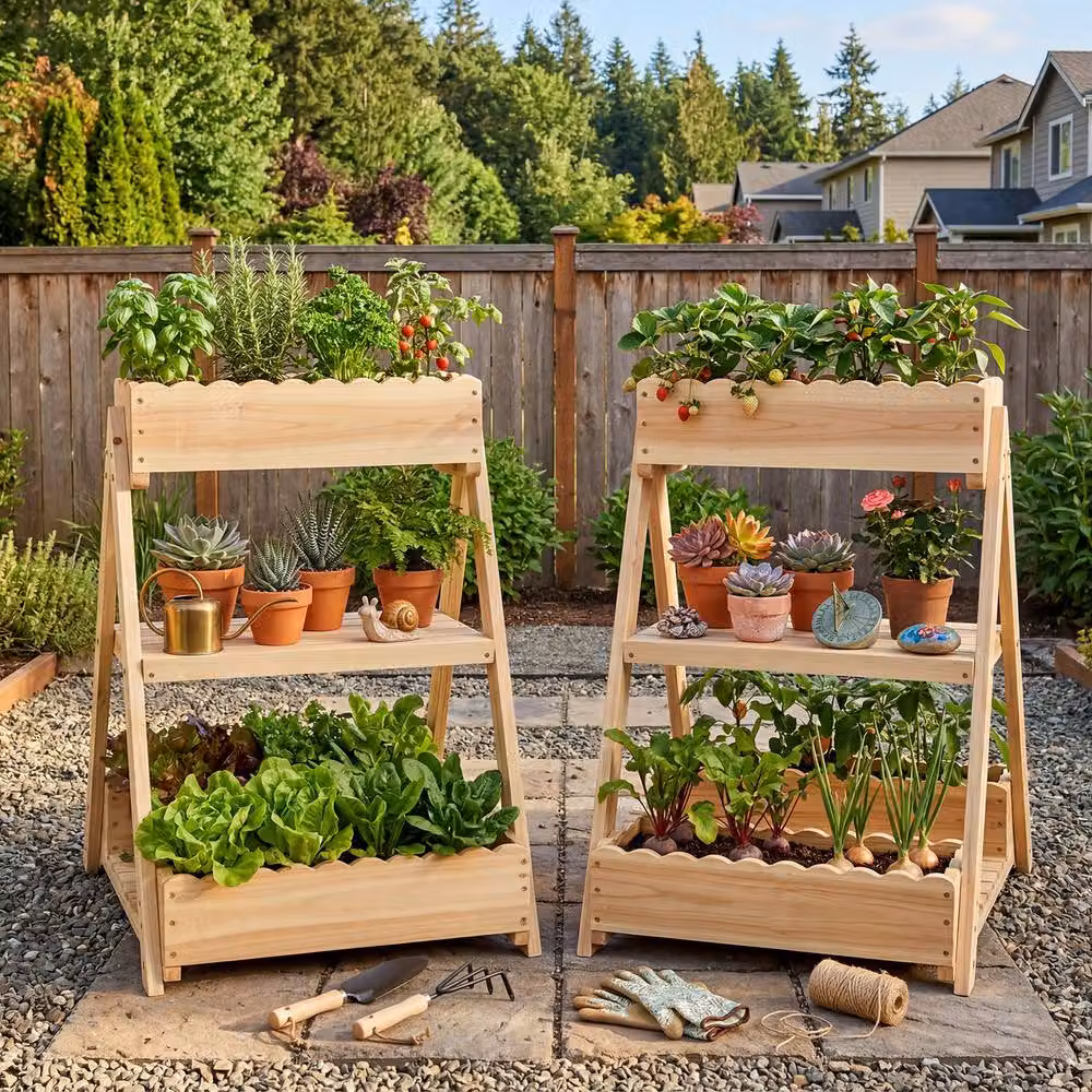 Costway 3-Tier Wooden Raised Garden Bed with 3 Planter Boxes in Natural Brown – 4