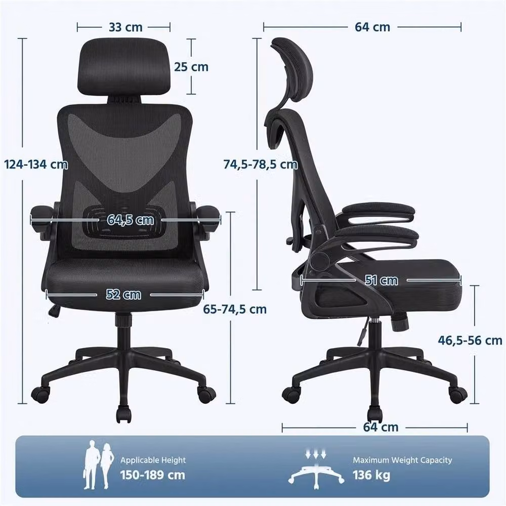 Kelvenix Black Fabric High Back Mesh Office and Gaming Chair with Headrest, Armrests and Castors – 2