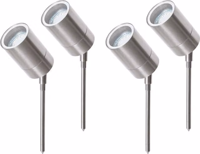 Kenn Outdoor 4 Pack of Solar IP44 Ground Spike Garden Lights in Silver Stainless Steel