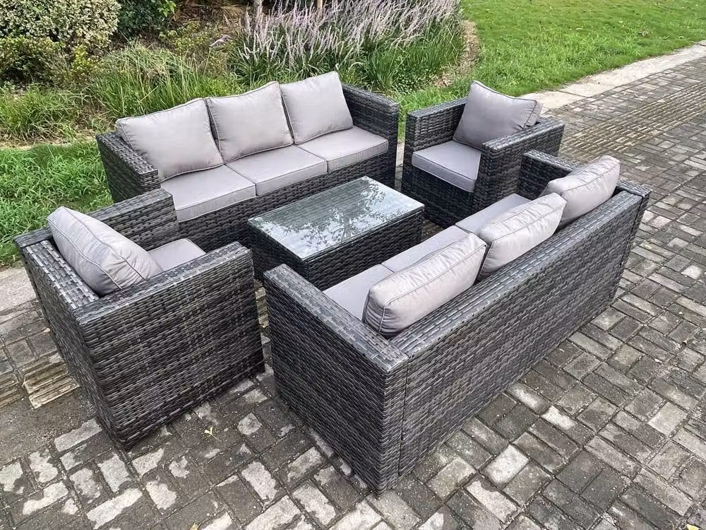 Fimous Dark Grey Polyrattan Garden Furniture Set with 3-Seater Sofa, 2 Armchairs and Coffee Table – 2