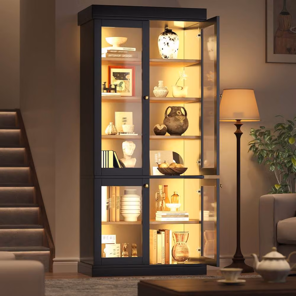 BTM Modern Freestanding LED Glass Display Cabinet with Glass Doors in White and Black – 4