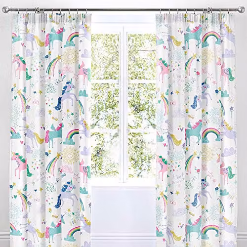 Bedlam J Rosenthal & Son Rainbow and Unicorn Semi-Transparent Fabric Curtains, Multicolour, 2 Panels, W/H: 168 x 183 cm