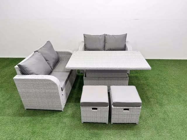 Fimous 6 Seater Rattan Garden Furniture Set in Light Grey with Adjustable Dining or Coffee Table and 2 Small Stools