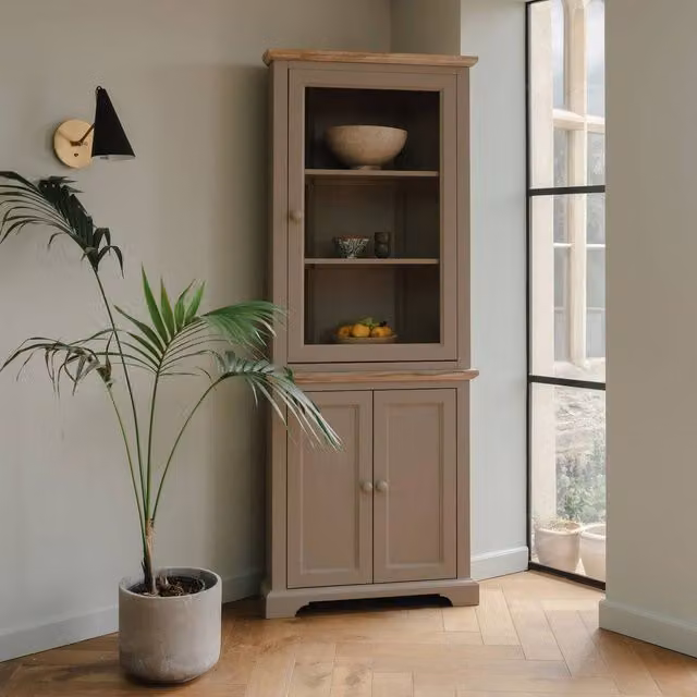 Statement Furniture Florence Corner Display Cabinet with Glass Doors in Brown and Beige, W: 78 cm, D: 35 cm, H: 200 cm