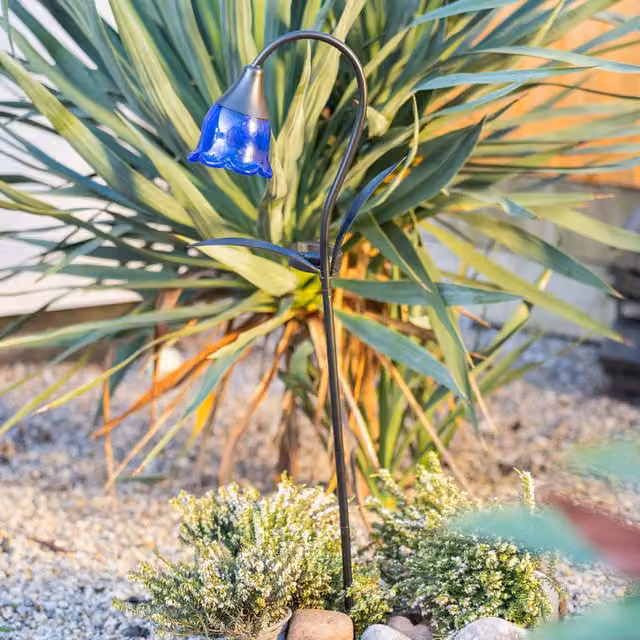 ValueLights Blue Tulip Solar Stake Light in Black Metal and Glass