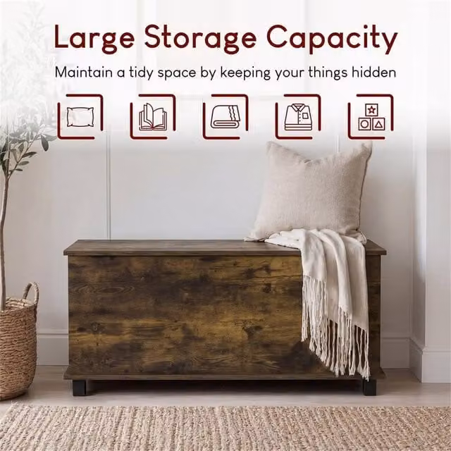 FORGEVIO Brown Wood Storage Ottoman Chest and Toy Box Bench – 1