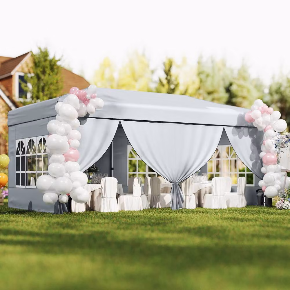 Costway Pop Up Canopy Tent Patio Sunshade Shelter with 6 Sidewalls, Grey/Silver, W: 600 cm, D: 300 cm, H: 250 cm – 3