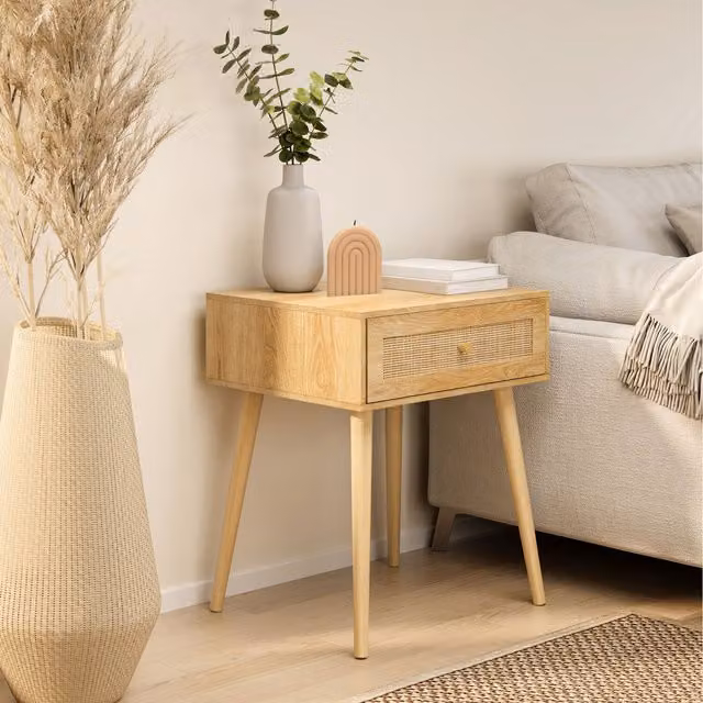 VonHaus Sienna Bedside Table with Rattan Drawers in Brown