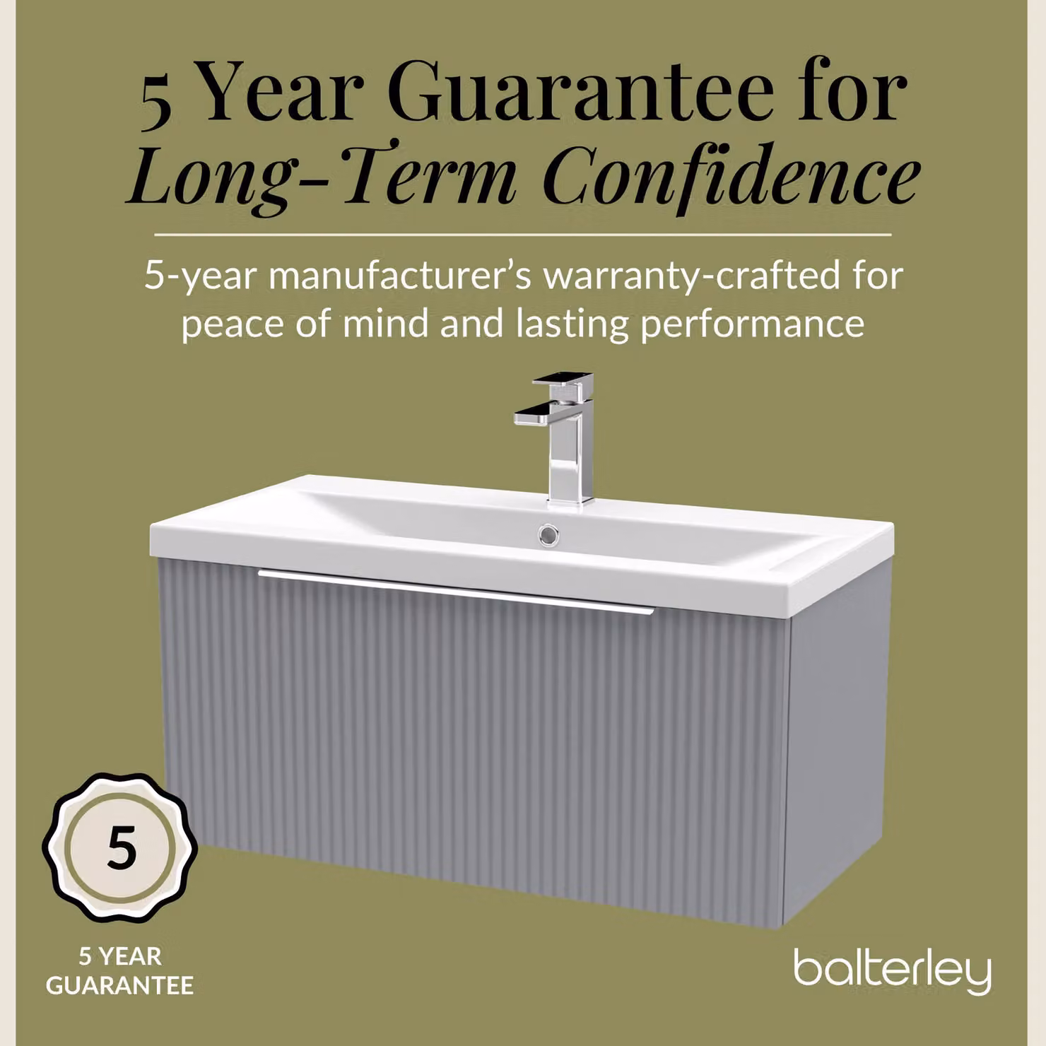 Balterley Fluted Wall Hung 1 Drawer Vanity Basin Unit and Basin, Satin Grey, Width: 80 cm – 3