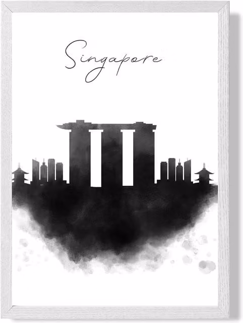 ARTZE Singapore Watercolour Skyline City Framed Print, Black and White, A3