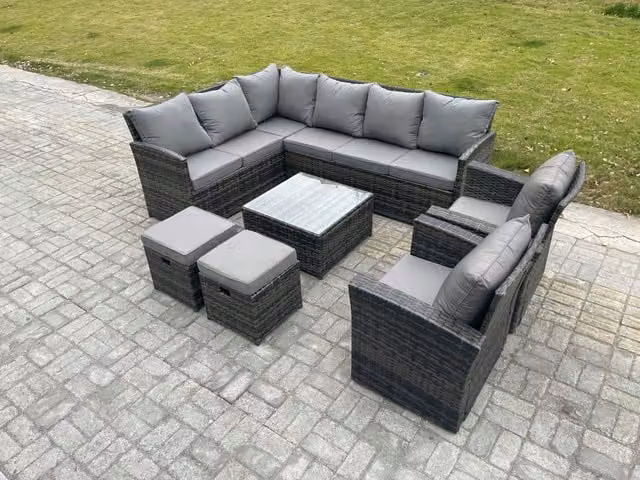 Fimous 10 Seater Outdoor Garden Furniture Set in Dark Grey PE Rattan with Corner Sofa, Coffee Table, Armchairs and Footstools