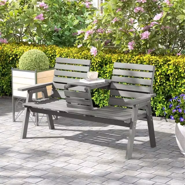 Outsunny Grey Wooden Convertible 2-3 Seater Garden Bench