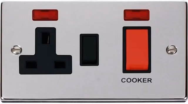SE Home Polished Chrome Cooker Control 45A with 13A Switched Plug Socket and 2 Neons in Silver – 1