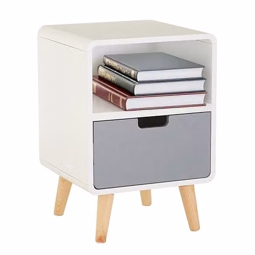 Orsina Modern 1 Drawer Cabinet in White and Grey with Pine Wood Legs – 1