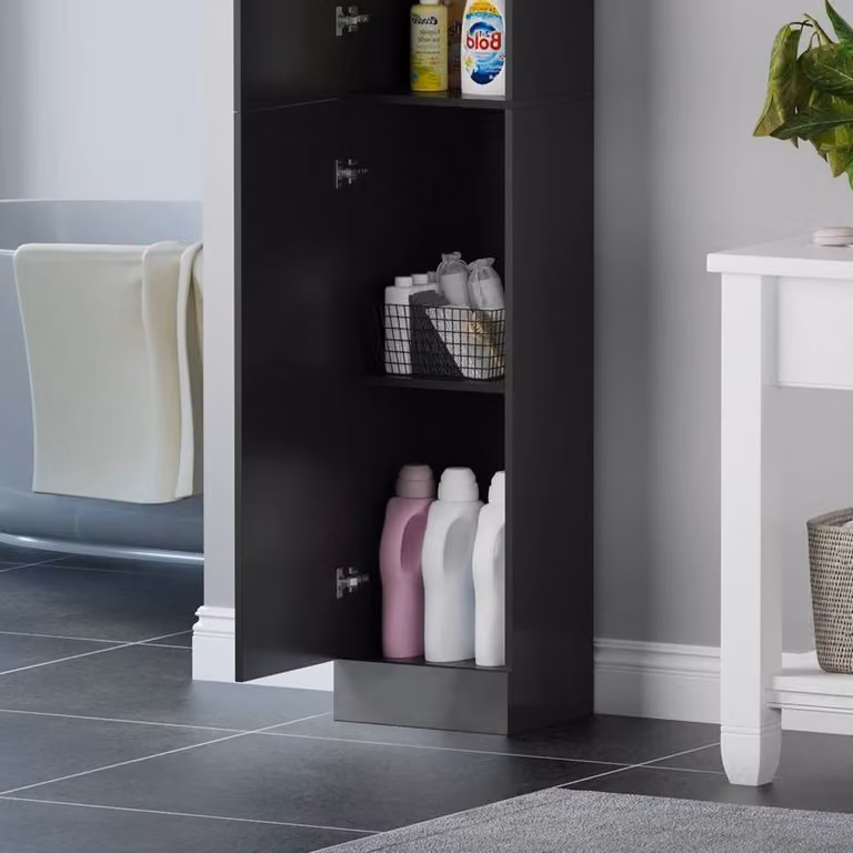 VOGREX Black Glossy Tallboy Bathroom Cabinet with Hinged Doors, H 190 x W 35 x D 35 cm