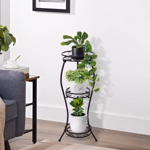 KORVIXA 3 Tier Black Metal Plant Pot Display Stand for Indoor and Outdoor Use