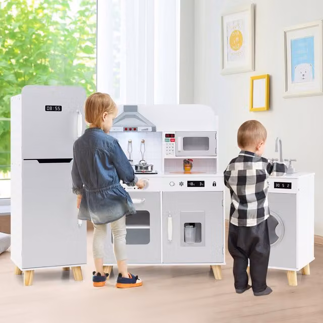 Costway 3 in 1 Kids Kitchen Playset in Grey and White