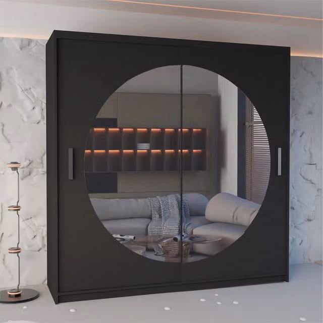 Sliding Wardrobes 4 u Modern Double Door Sliding Wardrobe in Black with Glass Doors and Internal Shelving, Width: 203 cm