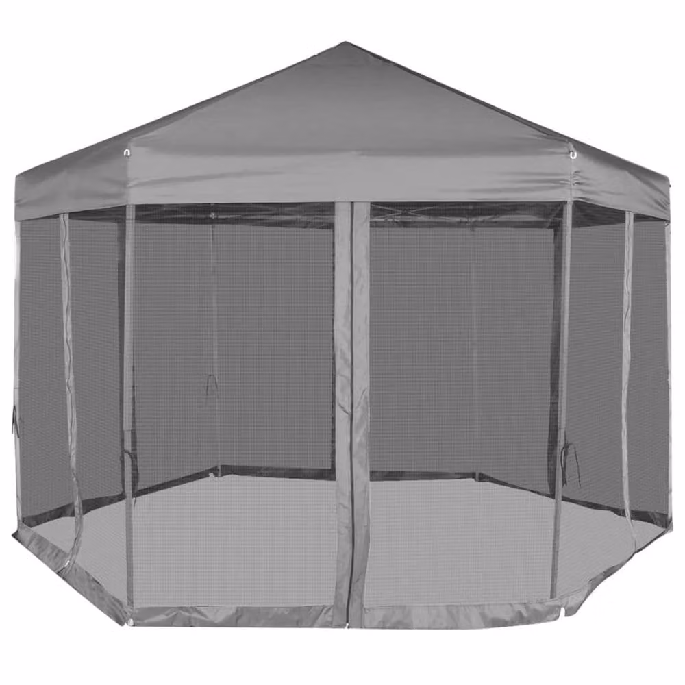 Berkfield Home Hexagonal Pop-Up Marquee with 6 Sidewalls, Grey and Black, W: 3.6 m, D: 3.1 m, H: 2.8 m – 2