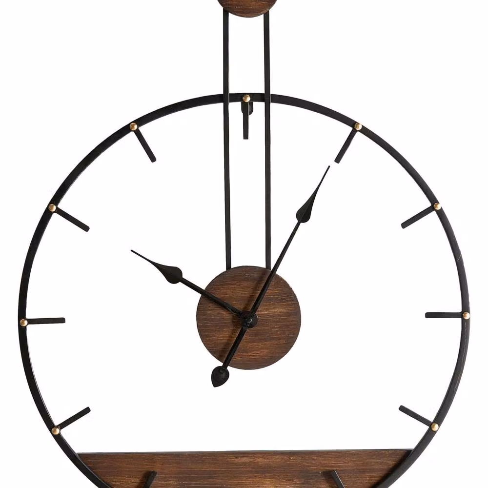 Wyld and Coco Industrial Scandi Round Wall Clock in Black Metal and Wood, Diameter: 60 cm – 2