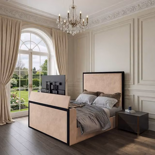 KDMD Woldingham Upholstered Electric Media TV Bed Frame in Beige, Double Size