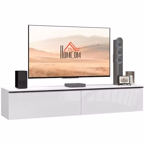 HOMCOM High Gloss Wall Mounted TV Stand Unit with Storage, White