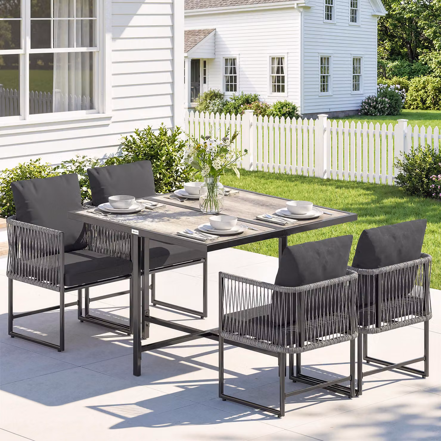 Outsunny 4-Seater Rattan Garden Dining Set with Black Cushions and Powder Coated Steel Frame – 2