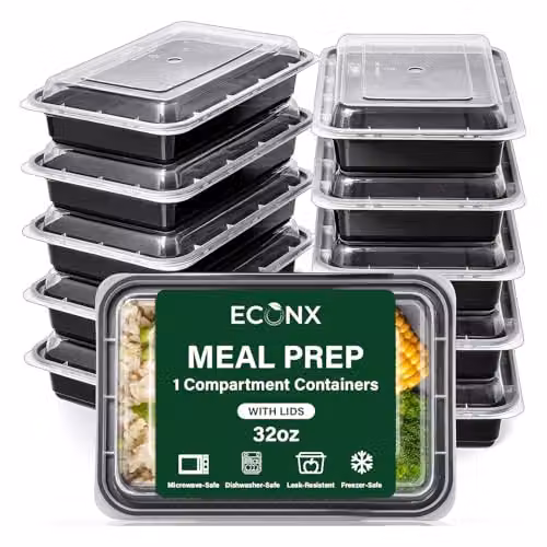 ECONX 20 Pack Black Plastic Meal Prep Food Containers with Airtight Lids, 32oz Capacity, 1 Compartment, Microwave and Dishwasher Safe