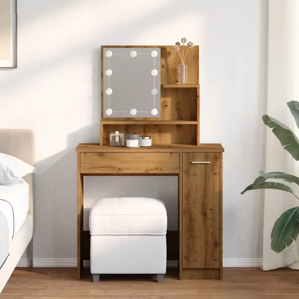Berkfield Home Modern Dressing Table with LED Hollywood Mirror in Artisan Oak Brown, W/D/H: 86.5 x 35 x 136 cm – 4