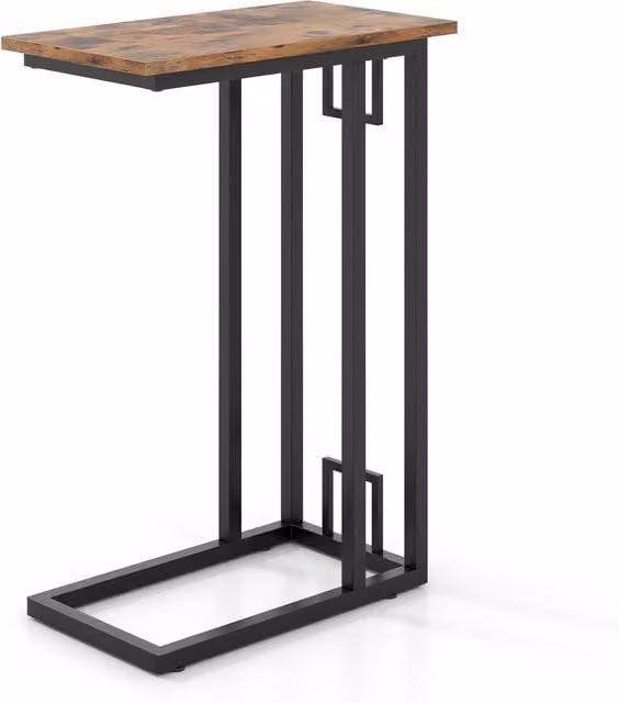 COSTWAY C-Shaped Side Table in Brown with Industrial Metal and Wood Design