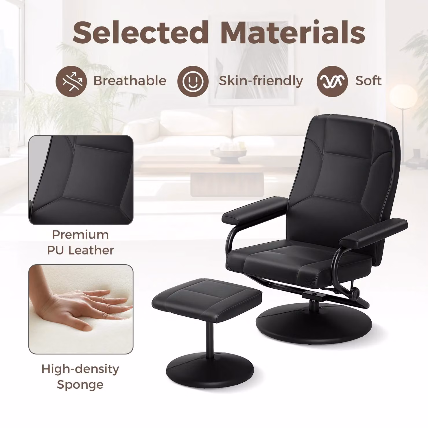 Costway 360 Degree Swivel Reclining Chair with Adjustable Backrest and Ottoman in Black Synthetic Leather – 6