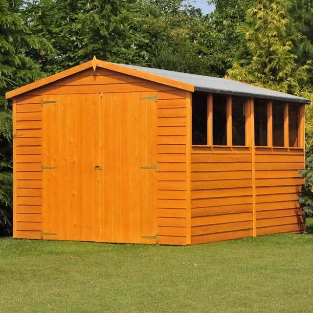 Shires Brown Dip Treated Overlap Apex Wooden Shed with Double Doors and Windows, W: 305 cm, D: 244 cm