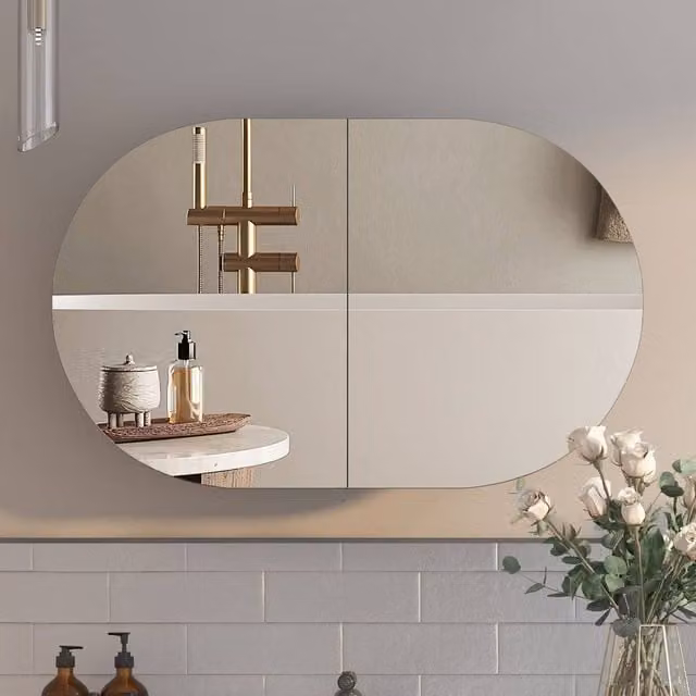 KEEPREAPER Modern Wall Mounted Black Bathroom Mirror Cabinet with Hinged Glass Doors and Internal Shelves – 1