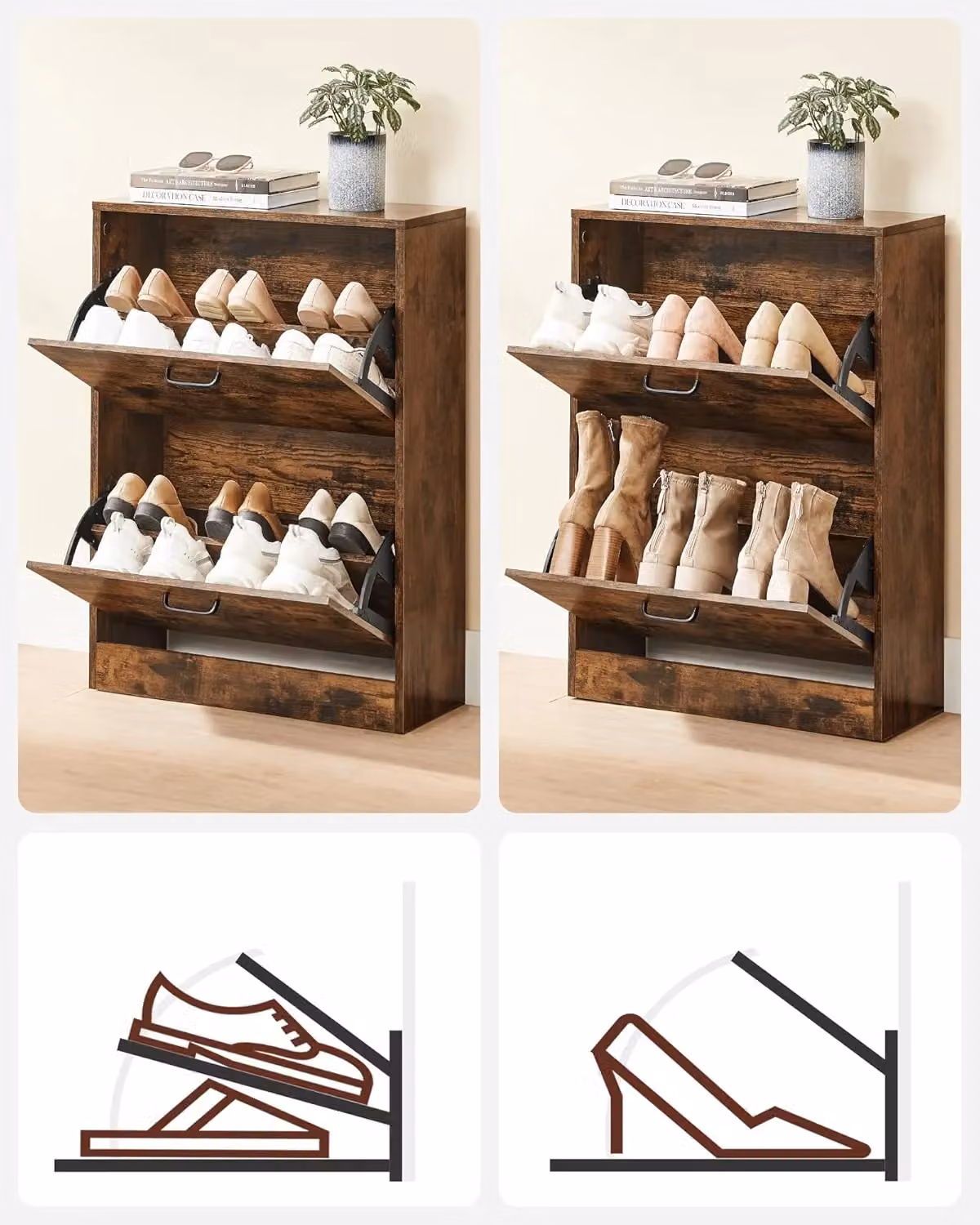 VASAGLE Industrial Slim Shoe Cabinet in Brown with Tilting Compartments and Internal Shelves – 4