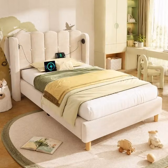STILVORA Upholstered Bed Frame in Beige with USB Charging Port, W/D/H: 90 x 190 x 103 cm – 1