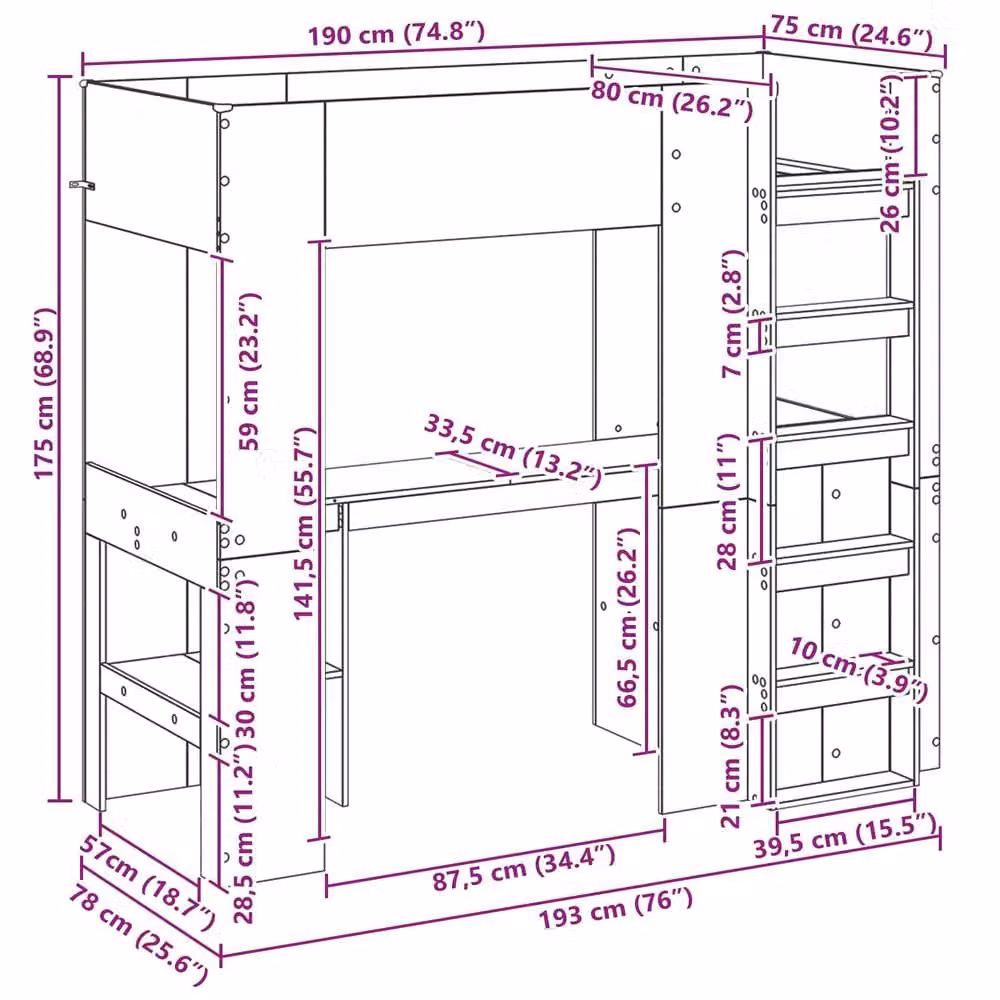 Berkfield Home Loft Bed Frame with Desk in Old Wood Brown, W/D/H: 75 x 190 x 26 cm – 7