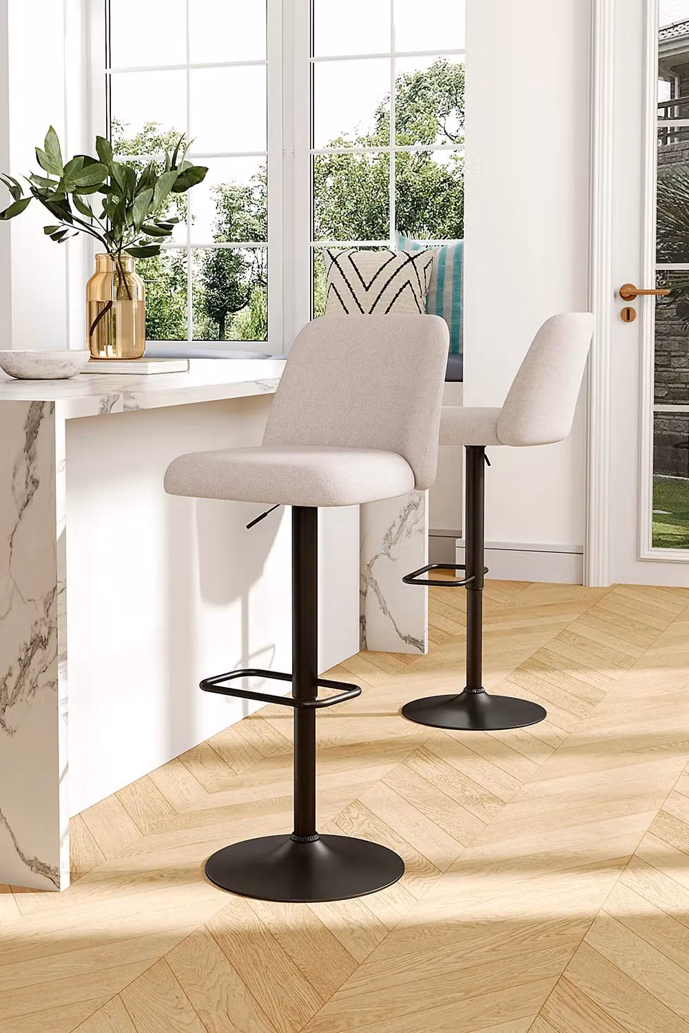 Living and Home Set of 2 Beige Upholstered Linen Swivel Counter Bar Stools with Mid Backrest – 2