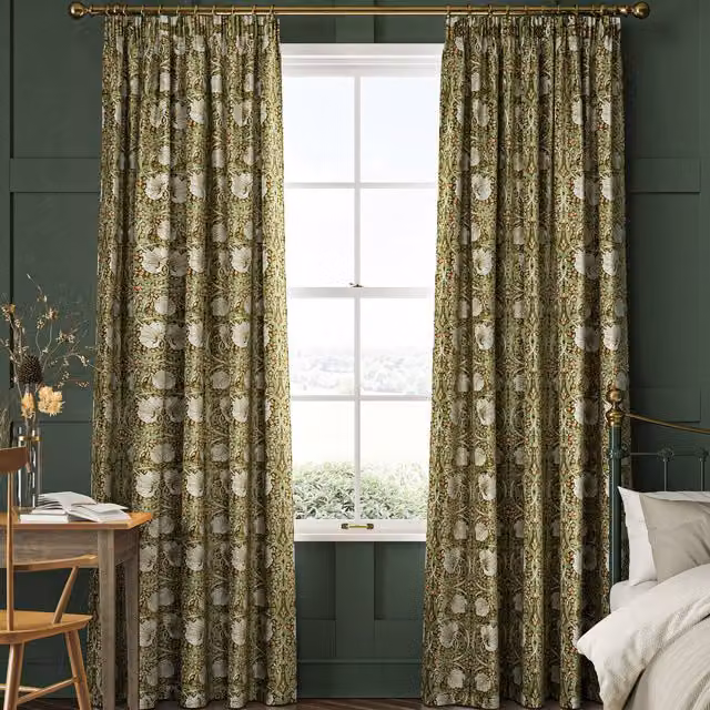 William Morris Pimpernel Floral Velvet Made to Measure Curtain in Nettle Green