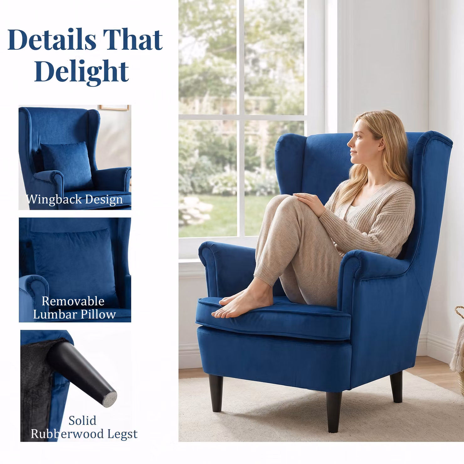 HOMCOM Modern Blue Velvet Accent Chair with High Backrest and Armrests – 4