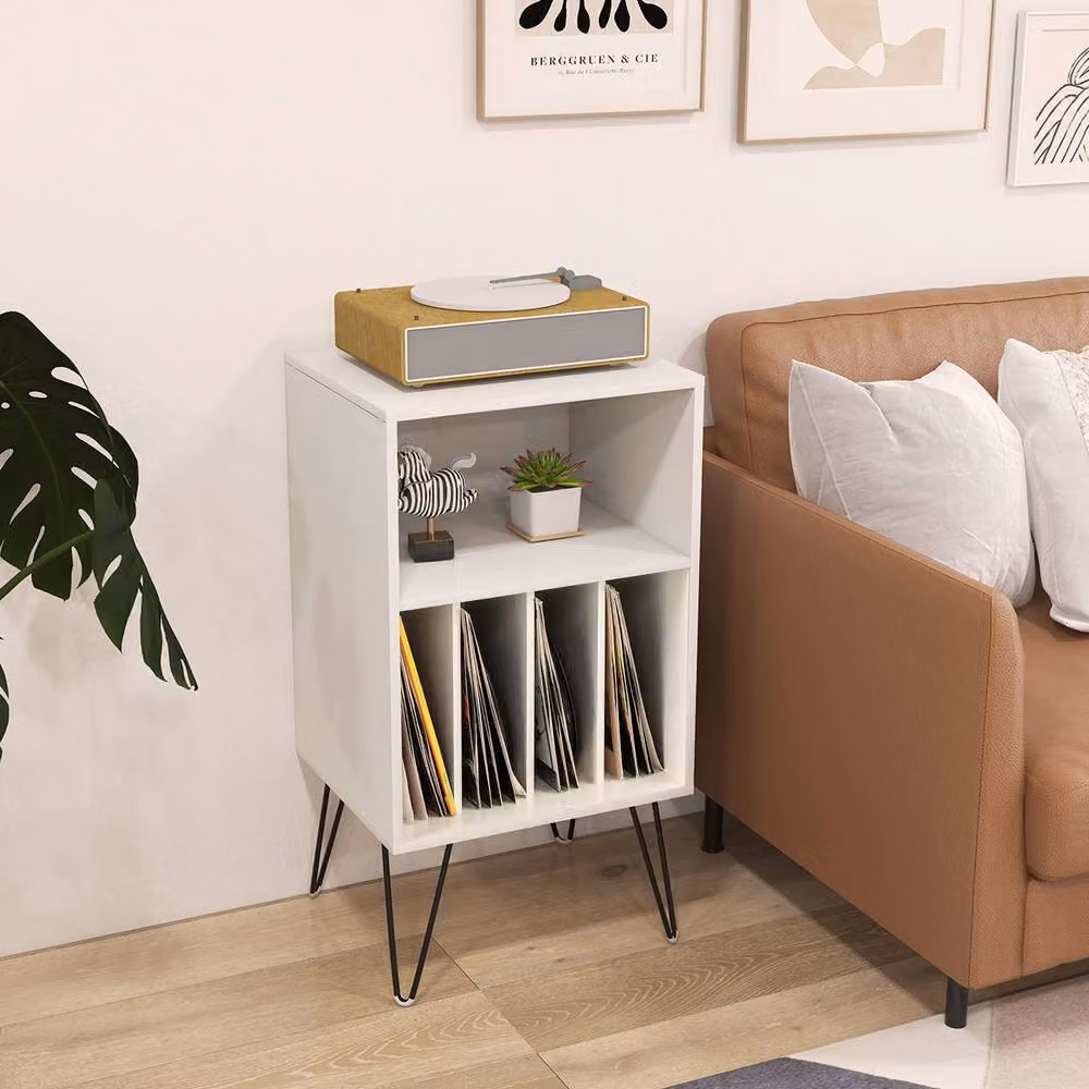 Gymax White Metal Turntable Display Shelf and Vinyl Record Player Stand with Media Compartments – 3