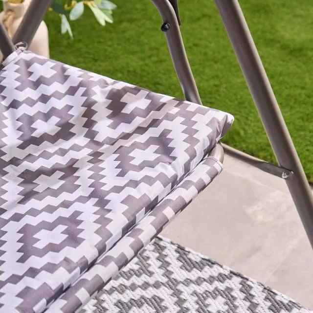 OHS 3 Seater Modern Metal Swing Bench with Geometric Fabric Canopy in Grey