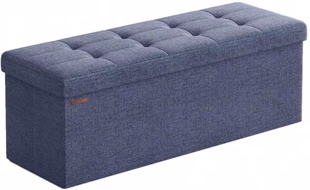 SONGMICS Elegant Blue Fabric Storage Ottoman with Removable Divider and Upholstered Frame